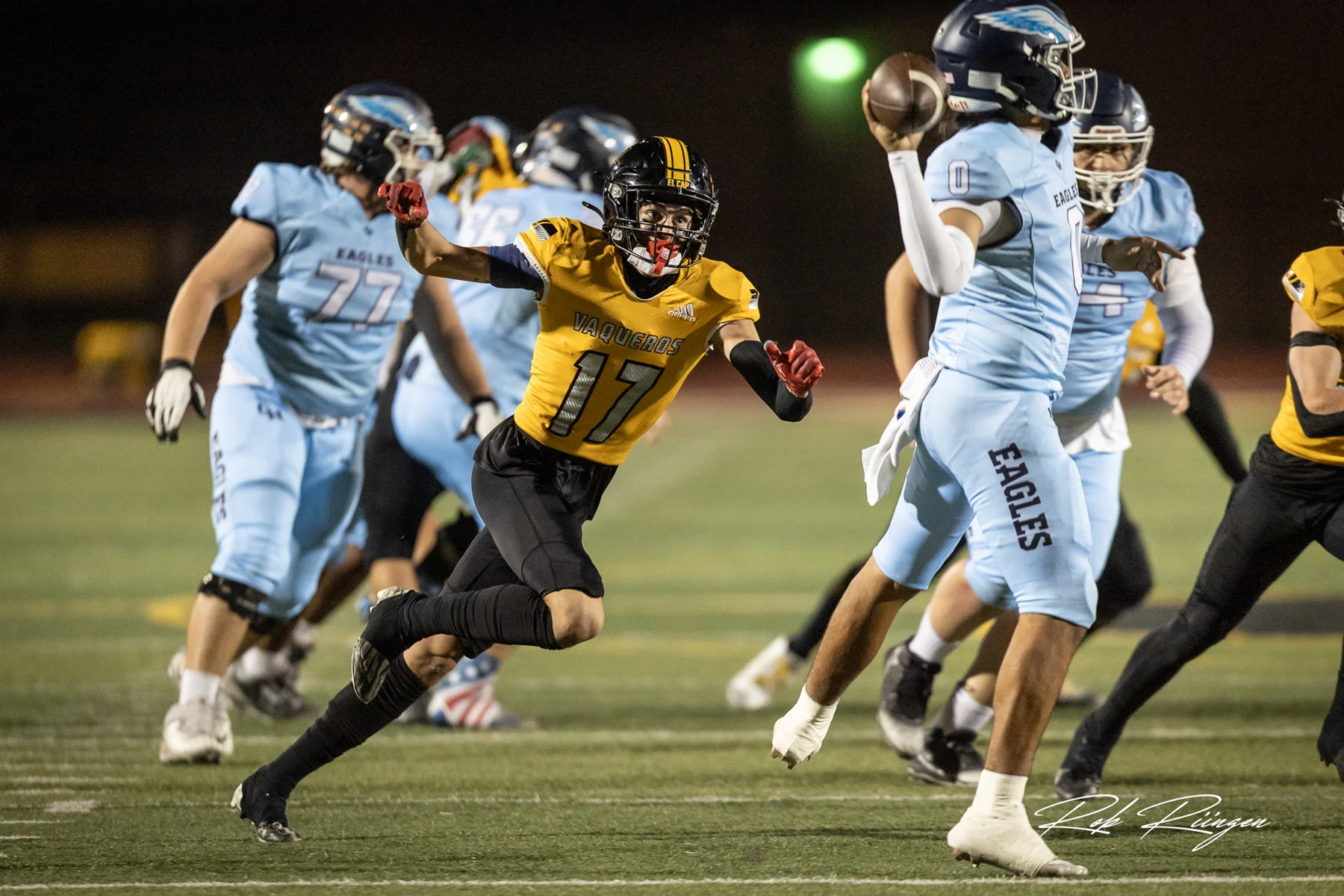 Defender getting after the QB